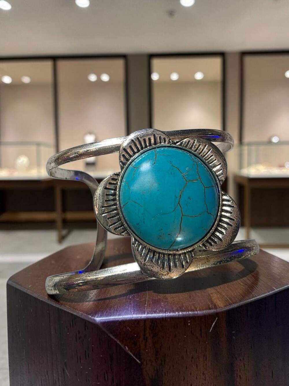 Vintage Southwestern Style Floral Cuff Bracelet with Faux Turquoise Cabochon